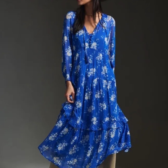 Anthropologie The Marais Printed Chiffon Maxi Dress Floral Blue Gray - Picture 4 of 7